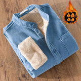 歌世爵冬季灯芯绒加绒加厚男士保暖衬衫男长袖青年纯色条绒衬衣外套潮 9433立领湖蓝色 XL