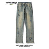 MMOPTOP嘻哈复古牛仔裤子男士秋冬季刺绣宽松阔腿直筒裤GK23575黄泥染XL