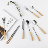 木上 日式便携餐具榉木柄不锈钢刀叉餐具 刀叉勺子咖啡勺可爱木柄筷子 餐刀