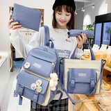酷咖书包女新款双肩包大容量学生尼龙帆布背包15.6英寸笔记本电脑包 蓝色【四件套+小熊+4枚徽章】