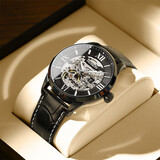 劳士顿（ROSDN）生日礼物手表男机械表镂空时尚男表瑞士风前十大名男士手表 G2638黑壳黑面黑皮