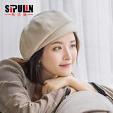斯普琳 贝雷帽女秋冬季韩版潮网红复古百搭时装帽千鸟格文艺显脸小画家帽英伦八角帽子女 米白