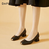 达芙妮方头中跟粗跟浅口单鞋女百搭舒适小皮鞋女上班职业工作鞋女4622101001 黑色 35 