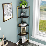 好战友轻奢转角置物架实木落地式简约家用铁艺三角架墙角创意多层收纳架 金色+胡桃木色