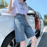 ESCURLTF五分牛仔短裤女夏季2024年新款高腰5分裤薄款宽松显瘦直筒裤中裤 复古蓝 XL[建议115-130斤]
