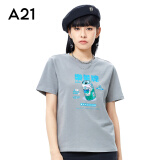 A21新款春秋季休闲百搭短袖女装针织合体圆领短袖印花T恤衫上衣 中灰 S
