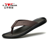 公牛世家拖鞋男夏季透气夹趾人字拖男潮流百搭真皮凉鞋外穿防滑男士沙滩鞋 棕色20020 41皮鞋码