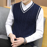 汉角  秋冬季男士V领毛衣秋装马甲加绒加厚潮流无袖保暖针织衫男冬天青年修身毛线衣休闲背心 凯906蓝色【不加绒】 M/165【90-105斤穿】