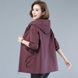女梦雨情纯棉外套女春秋宽松衣服中年人女装开衫连帽风衣40-50岁休闲上衣 豆沙红 L 建议105-120斤
