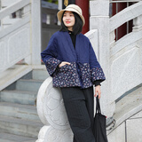 乱在江南民族风棉麻加厚保暖短外套女冬季新款连肩袖系带碎花宽松棉服 深蓝色 均码