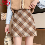 浪莎毛呢半身裙春秋美式新品高腰显瘦复古遮胯短裙小个子学院包臀裙