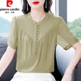 皮尔卡丹（pierre cardin）真丝短袖衬衫女夏季新款时尚洋气别致小衫气质高端桑蚕丝上衣显瘦 绿色 3XL 140-154斤