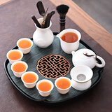 陶尚吟 陶瓷天然石材茶台储排水两用式现代简约家用办公小茶盘功夫茶具 莲花木纹石书窗红玉瓷西施壶套装