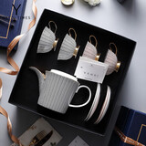 弥生时代「蓝调都市」骨瓷咖啡杯礼盒欧式茶具英式下午茶套装 黑壶+2黑+2酒红[礼盒+贺卡+丝带]