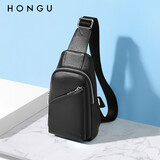 红谷（HONGU）男士胸包新款牛皮休闲商务时尚户外拉链背包真皮男包小包  漆黑