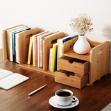 安尔雅 桌面书架桌上置物架简易收纳书立架楠竹学生小书本架伸缩双抽款