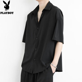 花花公子（PLAYBOY）高档冰丝短袖衬衫男夏季薄款凉感免烫抗皱衬衣男士衣服男装 黑色 XL