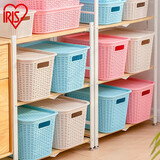 爱丽思（IRIS）收纳篮多功能收纳筐厨房卫生间塑料镂空藤编纹带盖储物口罩收纳盒 米色组合（2小+1中+1大）