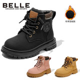 百丽童鞋冬保暖儿童靴子男童马丁靴女童加绒短靴皮靴 黑色30码