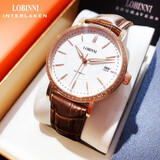 罗宾尼（LOBINNI）瑞士认证女士手表镶钻全自动机械表女防水情侣女式腕表 【璀璨系列：镶钻款】玫壳白面棕皮【鲜花手链礼盒】