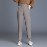 岸婷高端品牌羊毛呢休闲裤女秋冬季新款高腰显瘦百搭直筒宽松萝卜哈伦裤女厚轻奢时尚洋气九分裤子靴裤 咖色 27/M