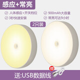 鸿视 led人体感应灯充电床头卧室家用全自动不插电声控光控壁灯小夜灯 充电黄光+白光（900毫安）