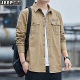 吉普（JEEP）衬衫男长袖纯棉春秋季新款宽松大码户外多口袋工装男士衬衣外套男 7001卡其色 L(建议125-145斤)
