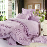 梦味 贡缎真彩提花绣花全棉四件套婚庆大红刺绣被套纯棉多件套床品 花海纷飞雪青 1.5/1.8米 床单款 被套200*230cm 四件套