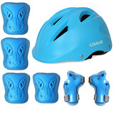 酷秀 儿童护具加厚旱冰鞋溜冰鞋滑冰轮滑滑板护具轮滑头盔护膝六件套装 蓝色护具自粘款+可调头盔 儿童M码/6-12岁/40-70斤