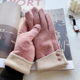 欧凡迪 羊毛手套女触屏秋冬加绒保暖复古优雅防风骑车开车骑行厚手套冬 温柔皮粉 双纽扣加绒手套 均码