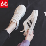 人本小白鞋夏季女2024年薄款透气网鞋女平底网面休闲板鞋贝壳头鞋子女 白黑 39