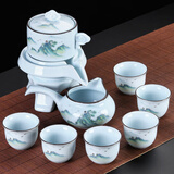 琦轩源 青瓷自动茶具套装家用茶壶客厅高档懒人功夫茶杯用品泡茶神器 青瓷山鸟自动茶具六杯9件套