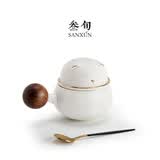 叁旬（sanxun）招财猫茶杯咖啡杯陶瓷茶水分离水杯办公室泡茶杯可爱创意杯子 招财猫茶咖_禅风白（不带杯垫）