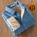 歌世爵冬季灯芯绒加绒加厚男士保暖衬衫男长袖青年纯色条绒衬衣外套潮 9432翻领湖蓝色 XXL