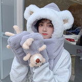 目丸围巾女帽子可爱帽子围巾女一体新款冬天百搭冬季保暖毛绒帽三件套 5#灰色