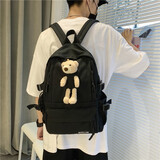 酷咖书包男女小熊潮牌ins大容量背包初高中大学生双肩包笔记本电脑包 黑色带毛绒小熊