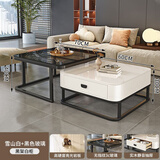 轻奢茶几客厅家用现代简约小户型网红方形玻璃岩板茶几电视柜组合 黑架白抽丨60亮光雪山白+70黑色 加厚9mm亮光岩板茶几丨货入户