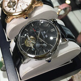 卡罗莱（CALUOLA）全自动机械表男士手表镂空飞轮真皮带男款手表防水学生潮流时尚 银壳黑面 CA1064M-2 飞轮款