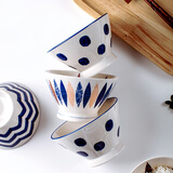 半物生活 日式饭碗 家用陶瓷碗汤碗小面碗斗笠碗防烫高脚碗 创意早餐麦片碗甜品碗喇叭碗釉下彩手绘碗餐具 5寸高脚碗-波点款