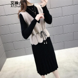 艾珠儿针织连衣裙秋冬季女装新款韩版时尚显瘦套装裙减龄中长款裙子女 卡其色 均码（建议80-140斤）