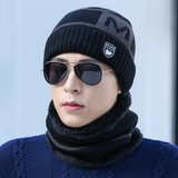 浩冠 帽子男冬季保暖骑车毛线帽韩版针织防寒时尚冬天棉帽加绒男女士 黑色 帽子围脖两件套