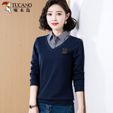 啄木鸟长袖t恤女上衣保暖2025新款假两件卫衣女V领春秋衣服打底上衣时尚 深蓝色 2XL _【建议120-140斤】