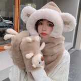 目丸围巾女帽子可爱帽子围巾女一体新款冬天百搭冬季保暖毛绒帽三件套 1#卡其色