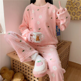 艾格城市 印花女秋冬新款时尚暖暖套装加厚保暖家居服两件套 可爱桃子粉色 均码(80-140斤)
