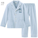 巴布豆儿童睡衣男童家居服套装秋冬新款纯棉男孩宝宝小孩中大童装 格子款 浅蓝 6575 140参考身高135-145cm