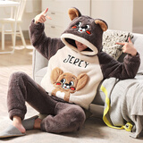 萧淑妃 冬季加厚保暖连帽法兰绒男士睡衣可爱卡通青少年学生加大码珊瑚绒家居服套装 杰瑞鼠 XL