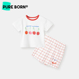 博睿恩（Pureborn）网红款男女宝宝套装夏季薄款纯棉T恤裤子婴儿衣服短袖短裤 红色方格 110