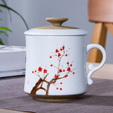 九楼阁 景德镇亚光陶瓷手绘茶杯 有手柄 带过滤男 女办公杯带盖380ml 冬梅 不带礼盒