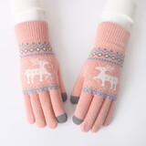 澳美乐活 手套女士冬季户外可触屏骑行车学生针织加绒厚保暖毛线手套男冬 女加厚小鹿粉色触屏 L