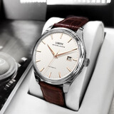 罗宾尼（LOBINNI）手表男全自动机械表男纤薄商务休闲皮带防水瑞士风格腕表12026 银壳玫面棕皮 | 超薄机芯